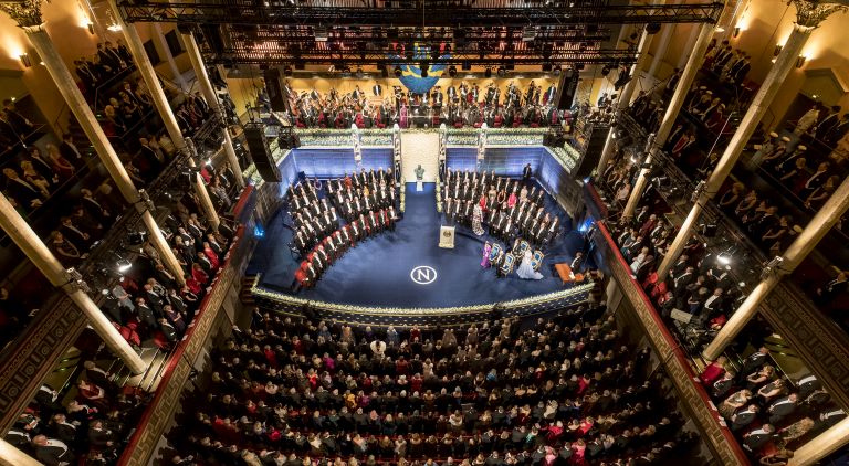 The Nobel Prizes are traditionally conferred in the Konserthuset, the concert hall in Stockholm.