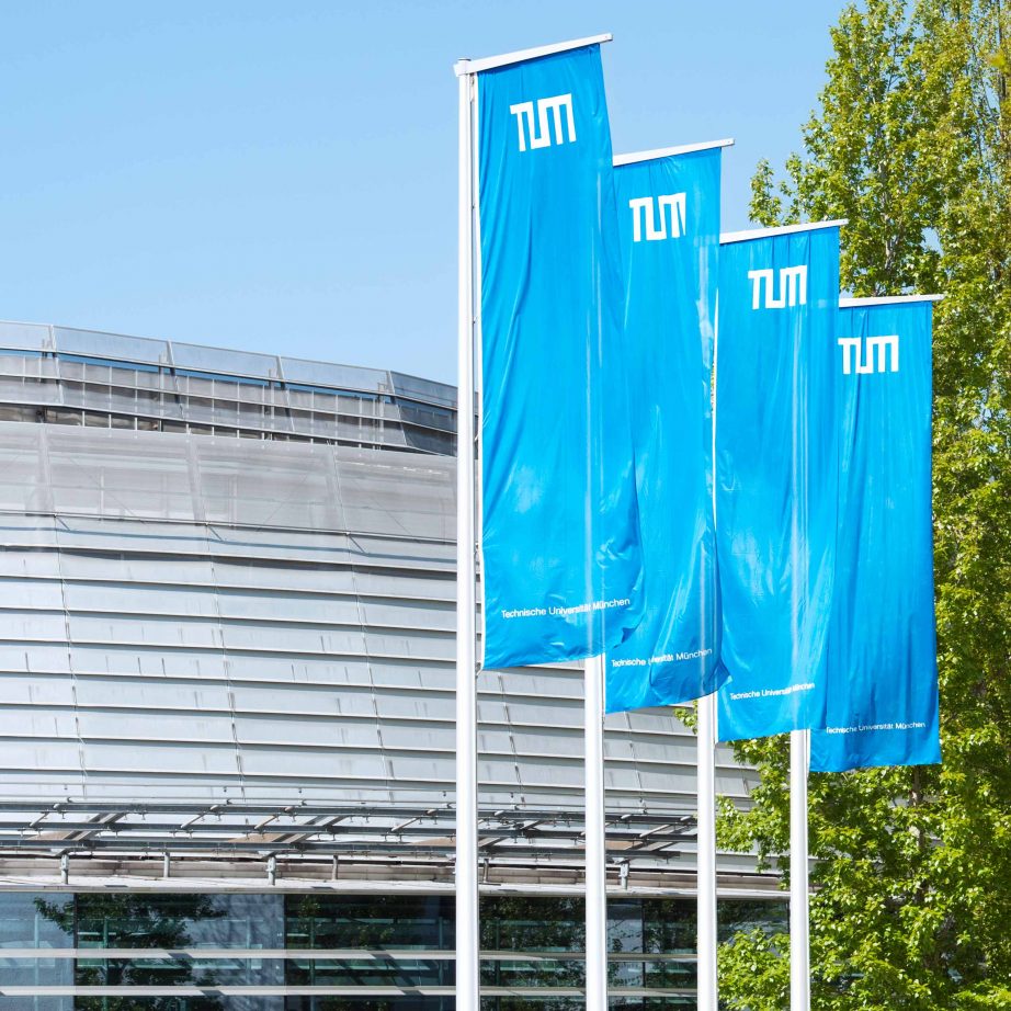 TUM-Fahnen im Innenhof an der Hochschulstraße und dem Audimax, entstanden bei den "TUM Partner Days 2015" (Bild: Uli Benz / TUM).