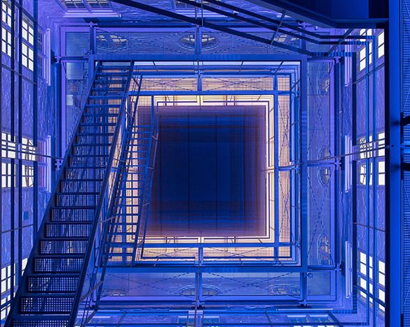 The interior of the TUM clock Tower – illuminated in blue.