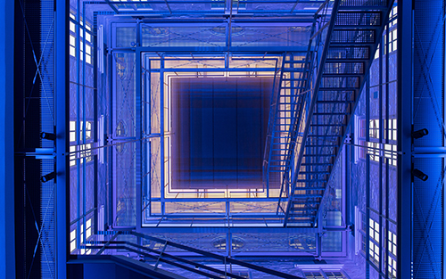 The interior of the Thiersch Tower with blue lighting.